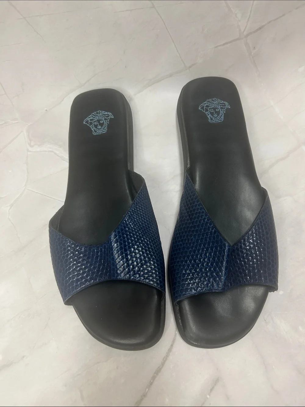 Versace Navy Textured Slide Sandals for men